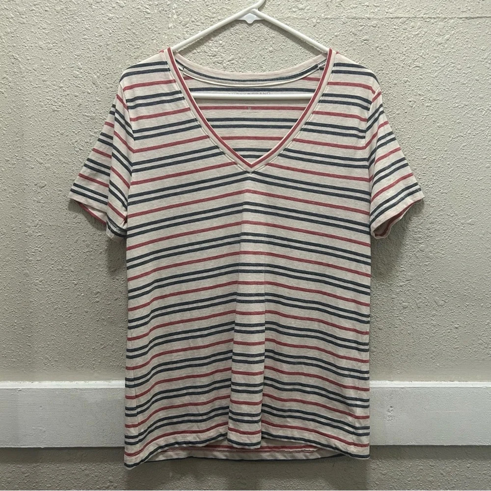 Lucky Brand Women’s Red Cream & Blue Striped V-Neck Tee Size M